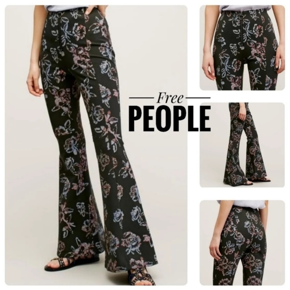 17) FREE PEOPLE Floral High Waisted Wide Bell Bottom Flare Sz. 2 - Picture 2 of 7